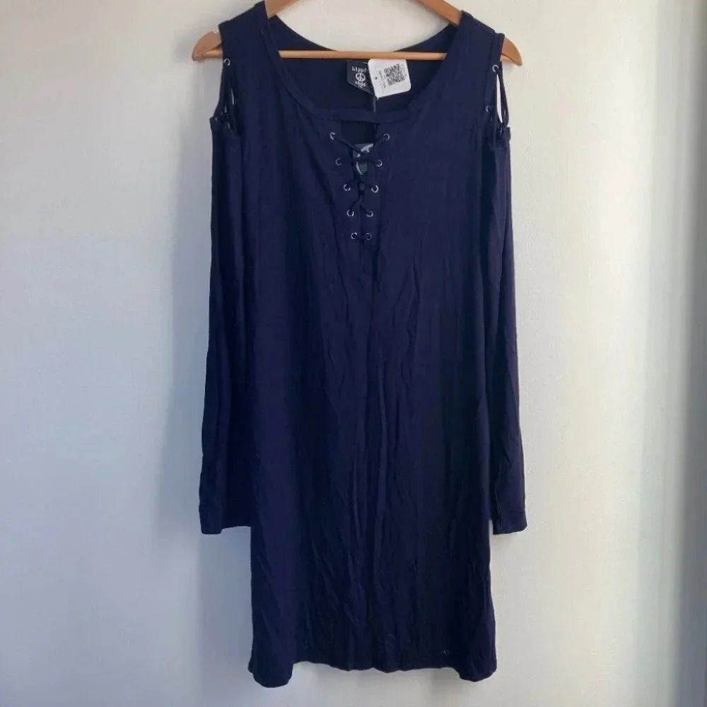 Nadine West Dress Large Navy Jersey Knit Hippie Chic Cold Shoulder Boho Festival